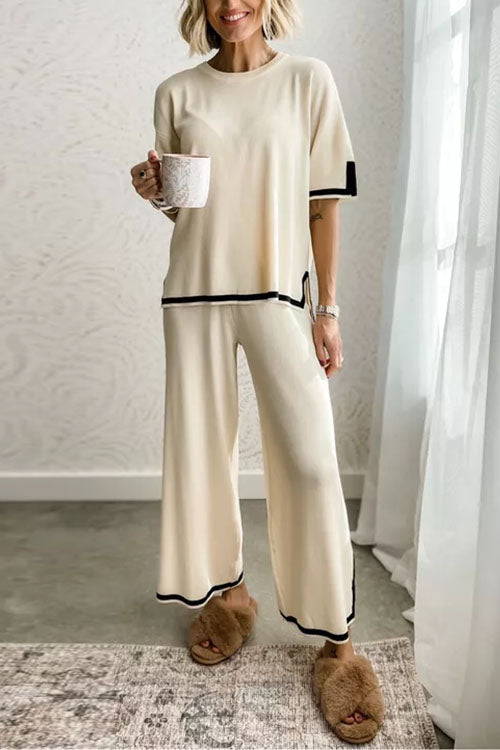 Dam Loungewear Set Kortärmad Topp Bred Ben Byxor Bomull Polyester-2