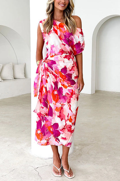 Dam Midiklänning Blommig Axeldesign Bomull Polyester-3