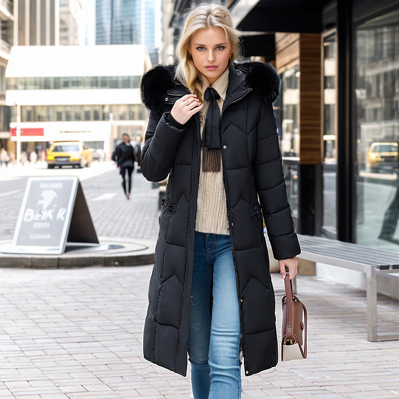 Lång Vinterrock Dam Med Päls Krage Midjaformad Design Polyester-5