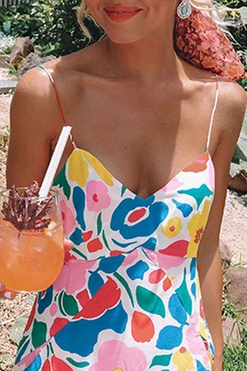 Dam Maxiklänning V-ringad Blommönster Ruffled Bomullsblandning-3