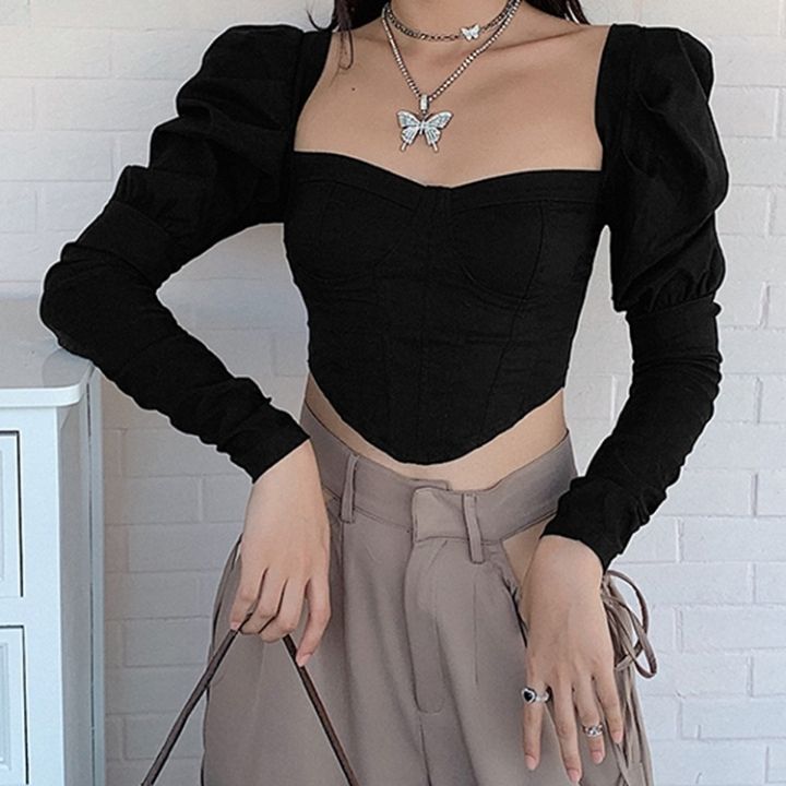 Dam Festtopp med Vinkelhalsring och Puffiga Ärmar i Polyester-3