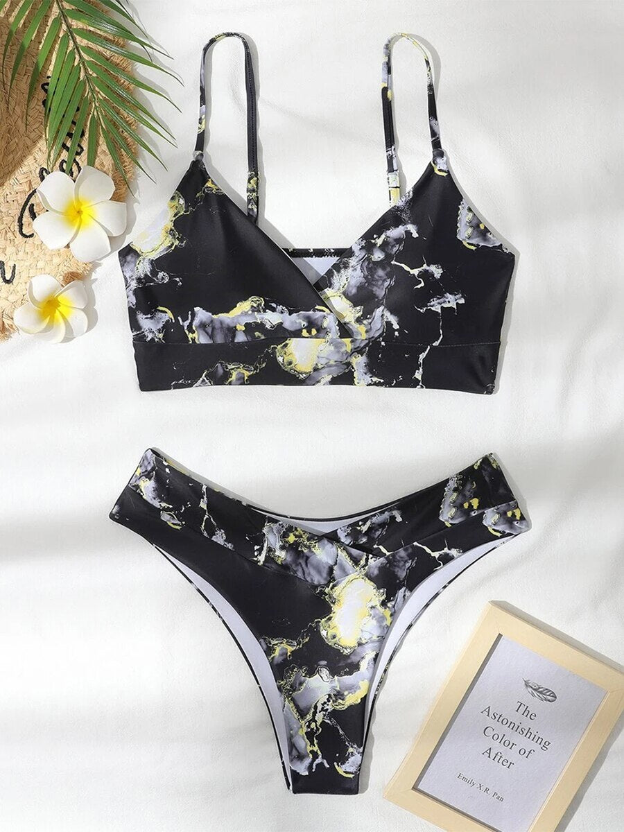 Dam Bikini Marmortryck Nylon Spandex-2