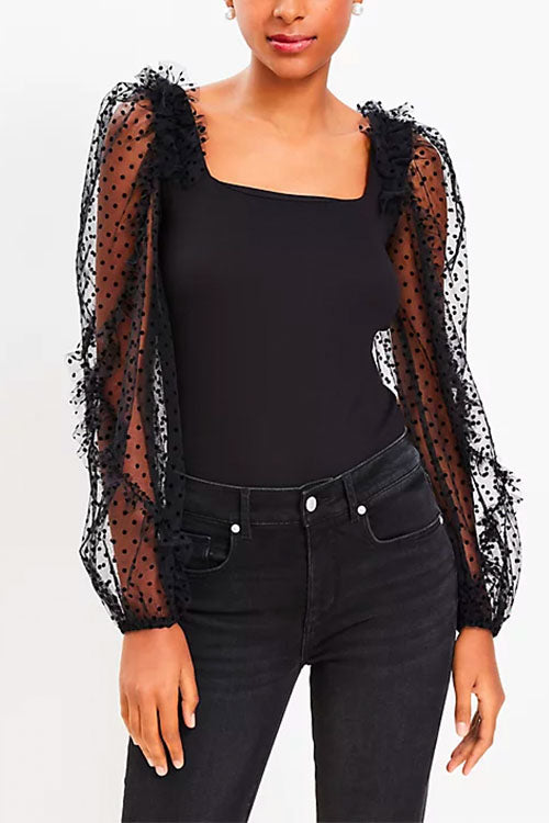 Festtoppar Dam med Rufsled Krage och Transparenta Ärmar i Bomull och Polyester-3