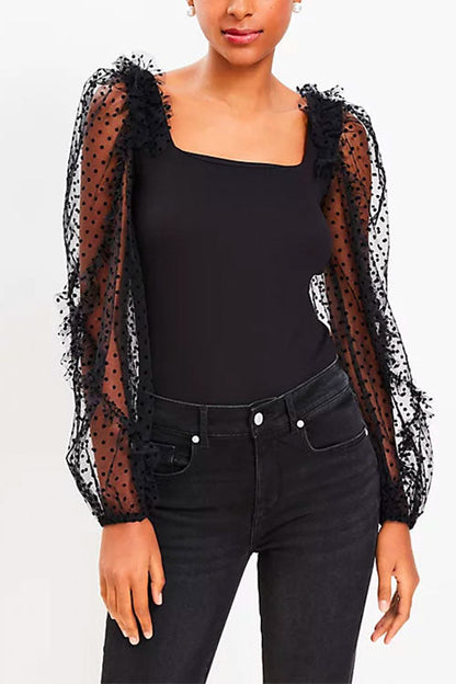 Festtoppar Dam med Rufsled Krage och Transparenta Ärmar i Bomull och Polyester-3