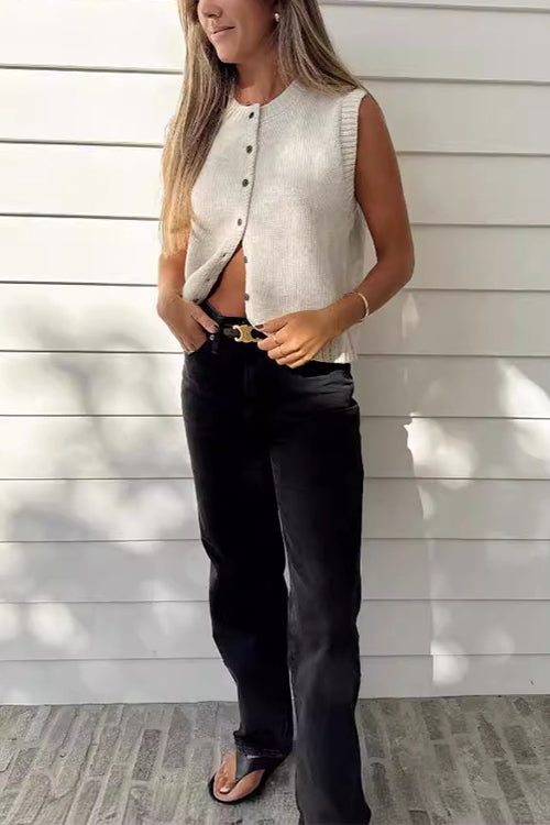 Dam Ärmlös Topp Rund Halsringning Knapplås Bomull Polyester Festtoppar-2