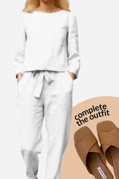 Kvinnor Tvådelat Linne Monokromt Högkvalitativt Tyg-6