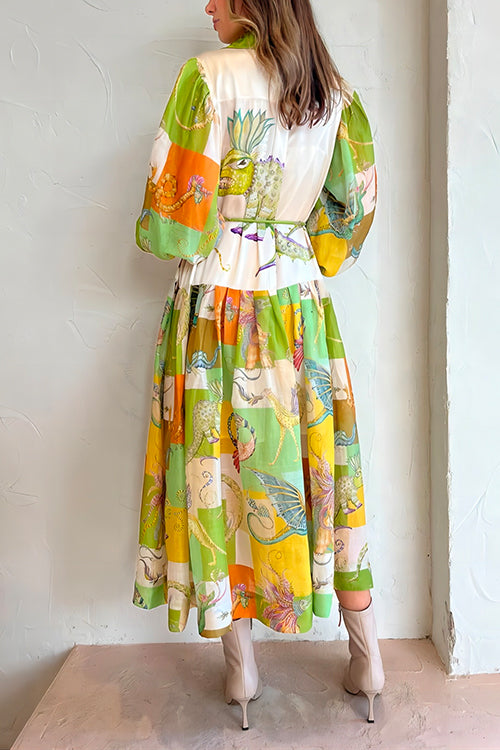 Damklänning med Ballonärmar och Grafiskt Mönster i Bomull och Polyester-4