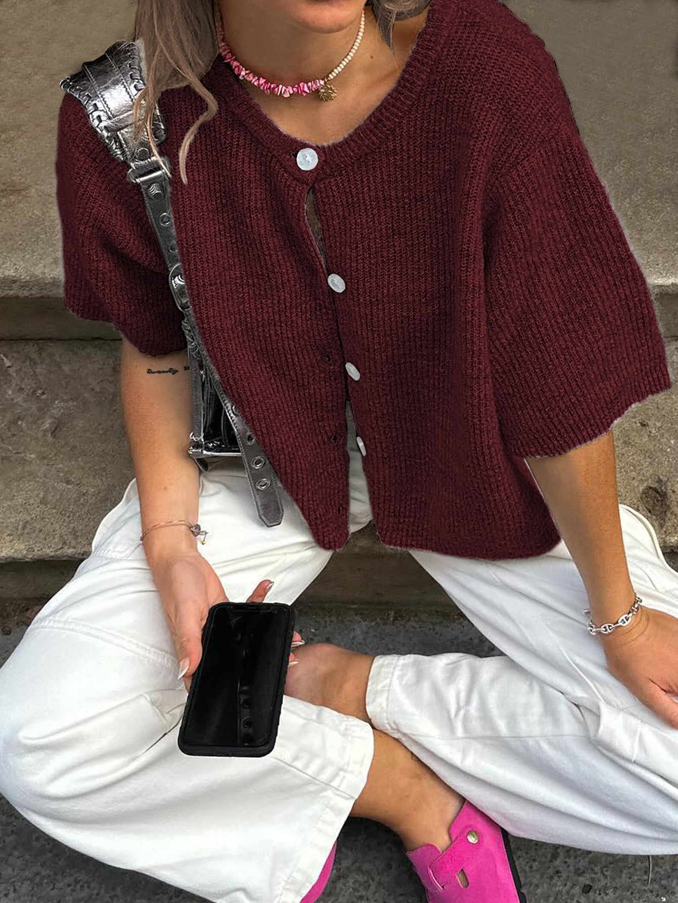 Kortärmad Stickad Tröja Dam Flerfärgad Akryl Nylon Polyester 12