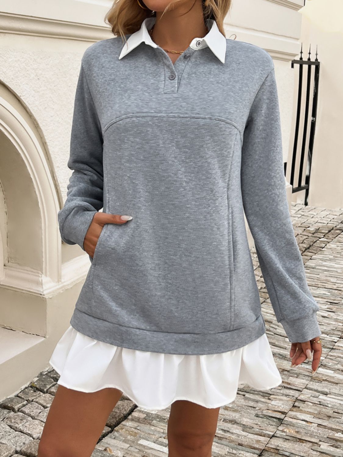 Variant image for Kvinnors Miniklänning Rufsad Detalj Mjuk Tyg med Långa Ärmar-5