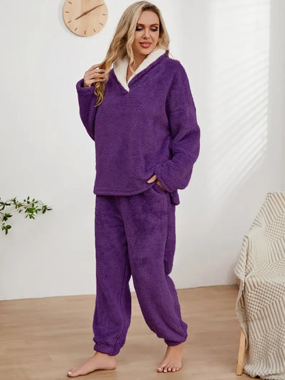 Dam Loungewear Set V-Ringad Thermoflanell Avslappnad Passform 13
