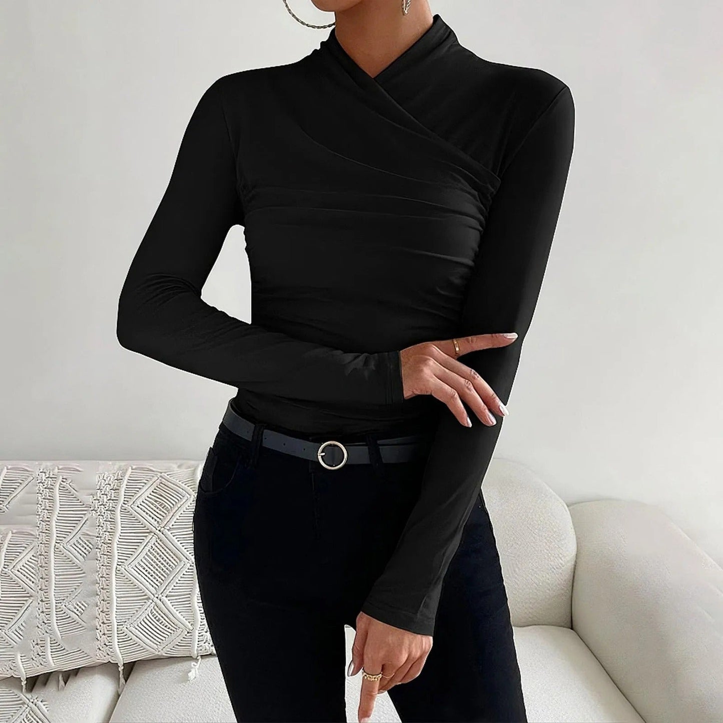 Kvinnor Wrap Blus Långa Ärmar Mjuk Tyg-4