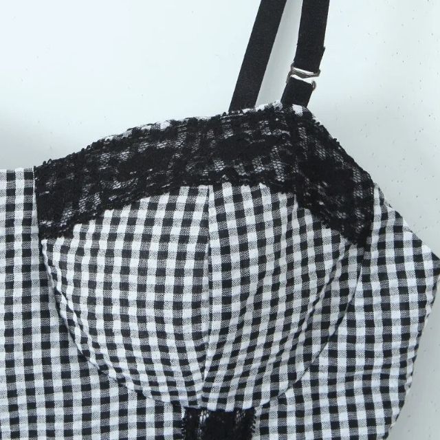 Dam Festtopp Vichy-Karo med Spetsdetaljer Polyester-5