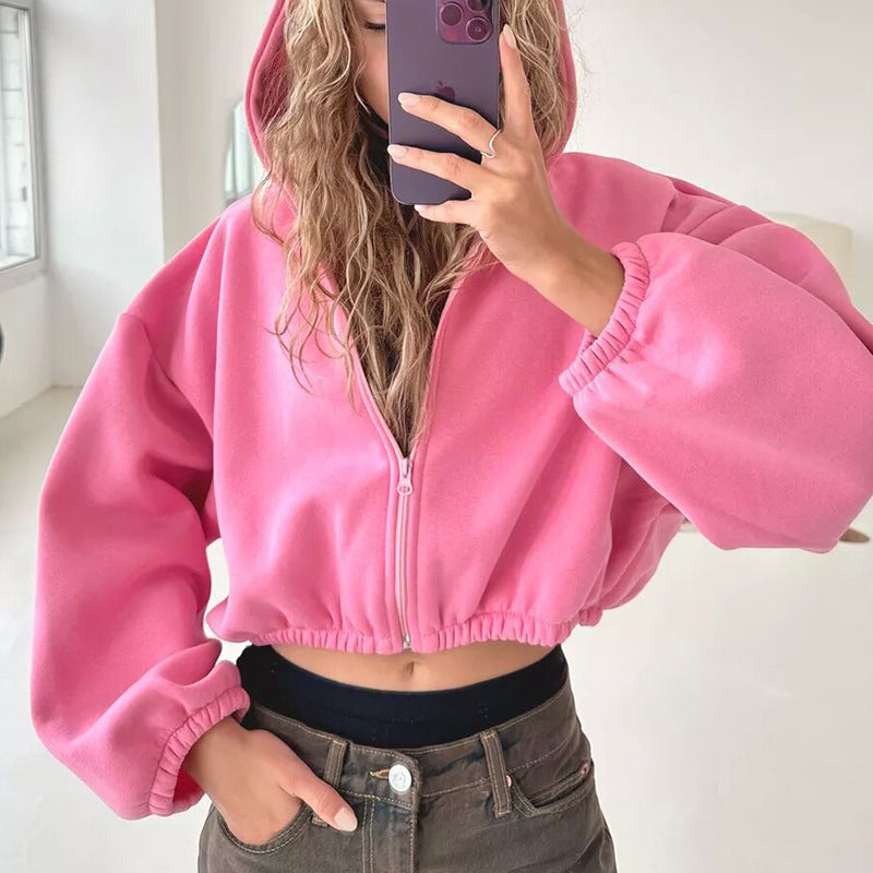 Dam Hoodie Kort Med Blixtlås Ballongärmar Bomullsblandning 6