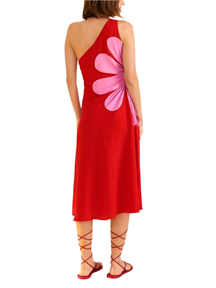 Dam Sommarklänning En Axel Blommönster Midi Polyester 4