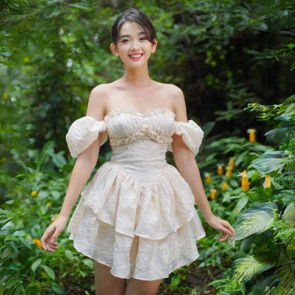 Kvinna Mini Klänning Puffärmar Spets-1