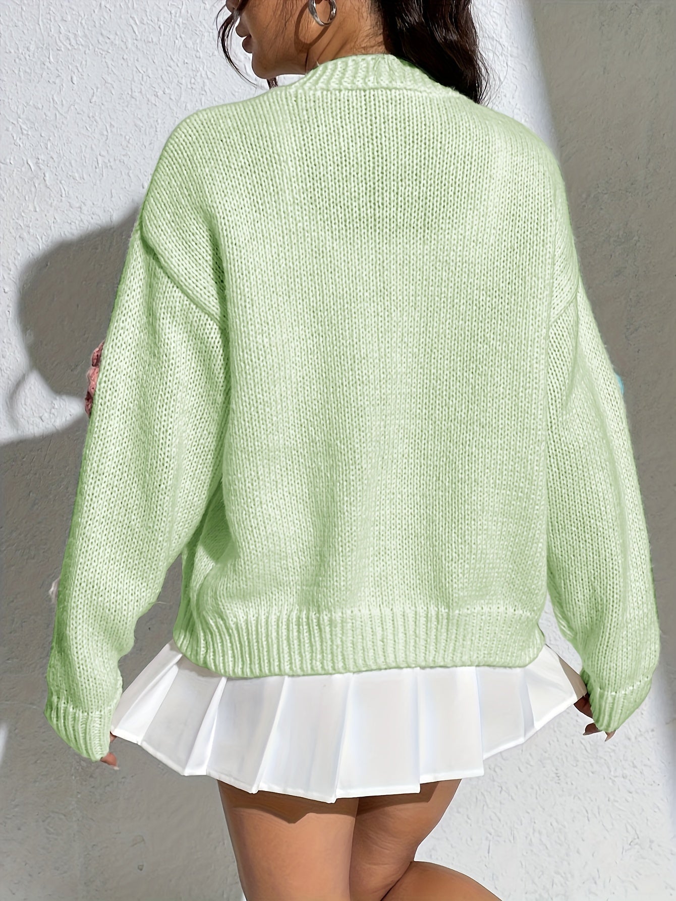 Kvinna Lång Kofta Blommönster Ullstickad 5