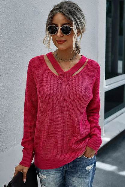 Dam Stickad V-ringad Tröja i Akryl med Långa Ärmar-4