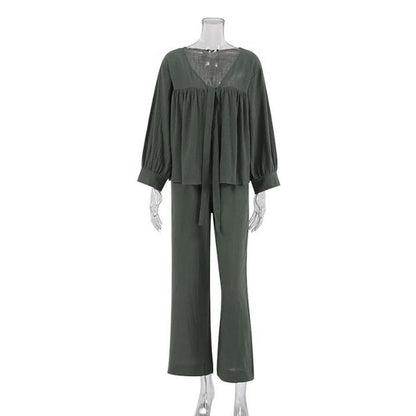 Dam Tvådelad Uppsättning Långärmad V-ringning Organiskt Linne-4