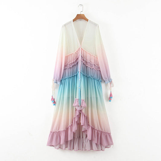 Kvinna Lång Kjol Färggradient Polyester Utställd Design-1