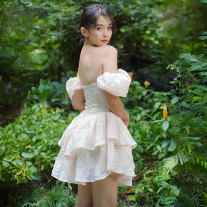 Kvinna Mini Klänning Puffärmar Spets-6