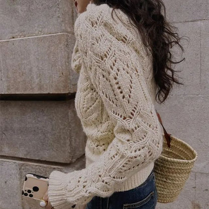 Stickad Dam Tröja Hög Krage Kålmönster Mjuk Fiber-3