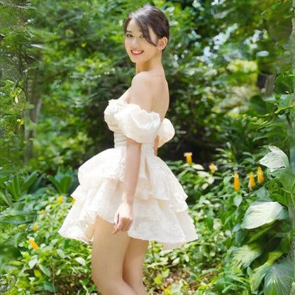 Kvinna Mini Klänning Puffärmar Spets-5