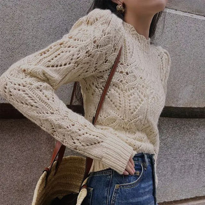 Stickad Dam Tröja Hög Krage Kålmönster Mjuk Fiber-4