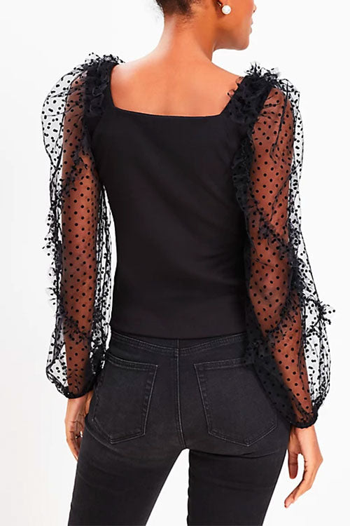 Festtoppar Dam med Rufsled Krage och Transparenta Ärmar i Bomull och Polyester-4