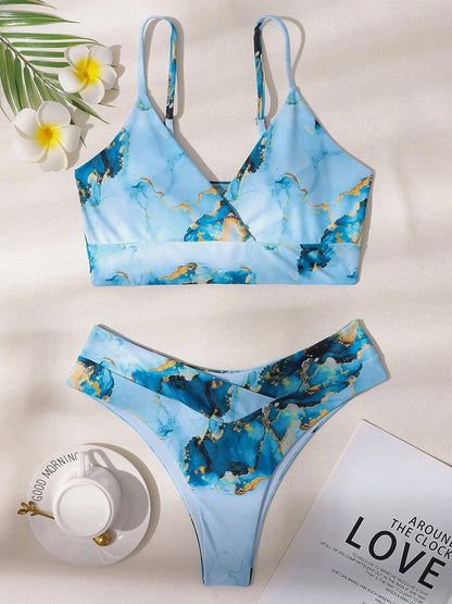 Dam Bikini Marmortryck Nylon Spandex-3