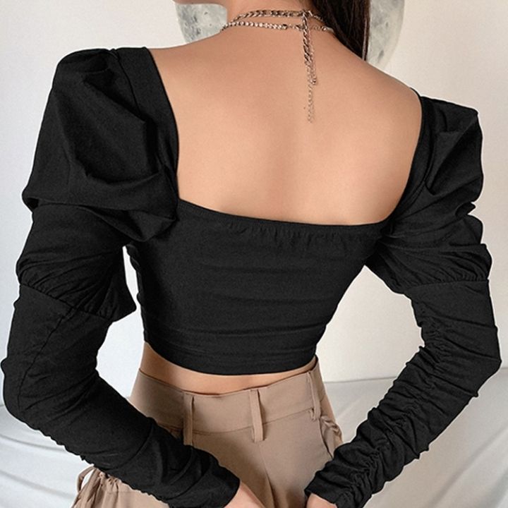 Dam Festtopp med Vinkelhalsring och Puffiga Ärmar i Polyester-4