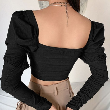 Dam Festtopp med Vinkelhalsring och Puffiga Ärmar i Polyester-4