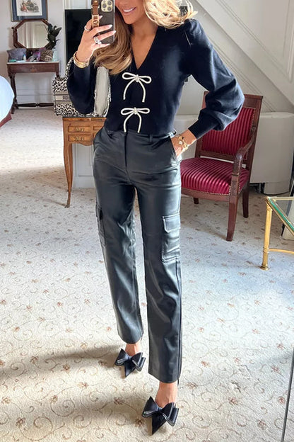 Dam Tröja Långärmad V-hals Mjuk Bomullsblandning-2