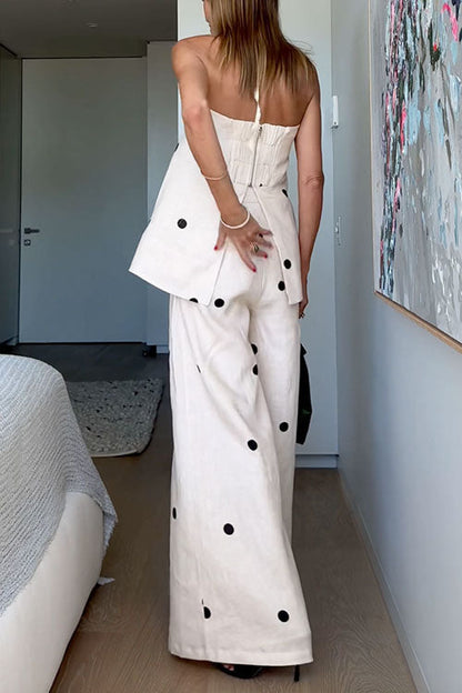 Dam Set Stropplös Top och Vida Palazzo-byxor Prickmönster Bomull Polyester-4