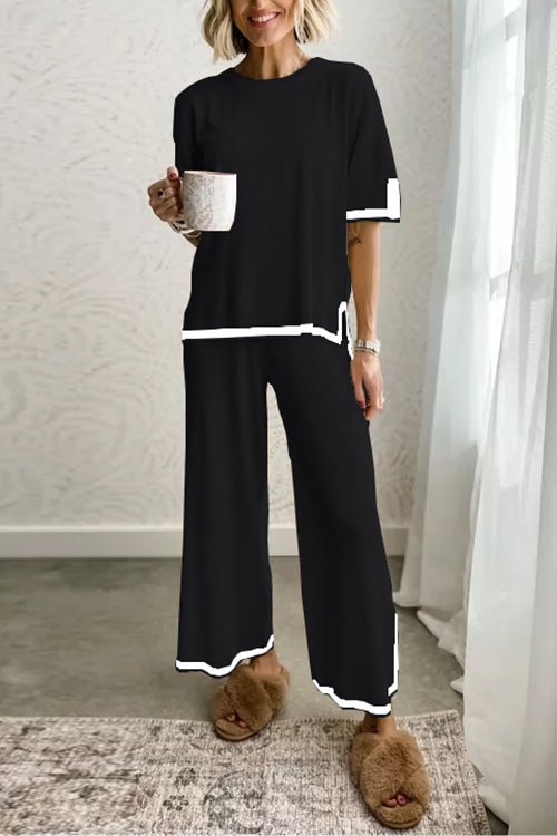 Dam Loungewear Set Kortärmad Topp Bred Ben Byxor Bomull Polyester-3