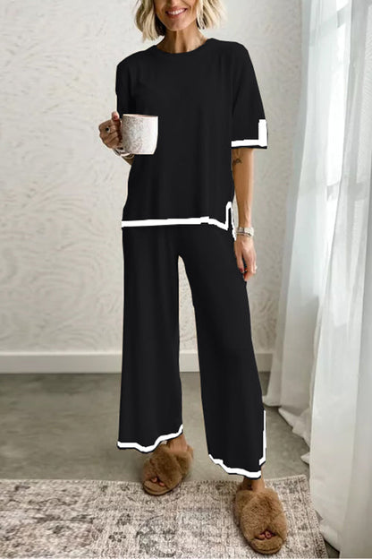 Dam Loungewear Set Kortärmad Topp Bred Ben Byxor Bomull Polyester-3