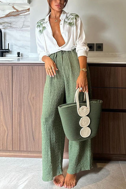 Vit Dam Blus Långärmad Knapp-up Tryckt Bomull och Polyester-2