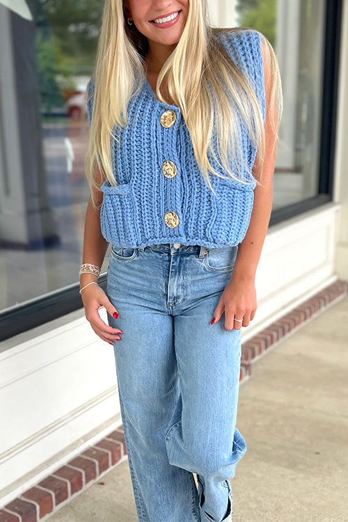 Variant image for Dam Stickad Väst Chunky med Gyllene Knappar och Fickor-5