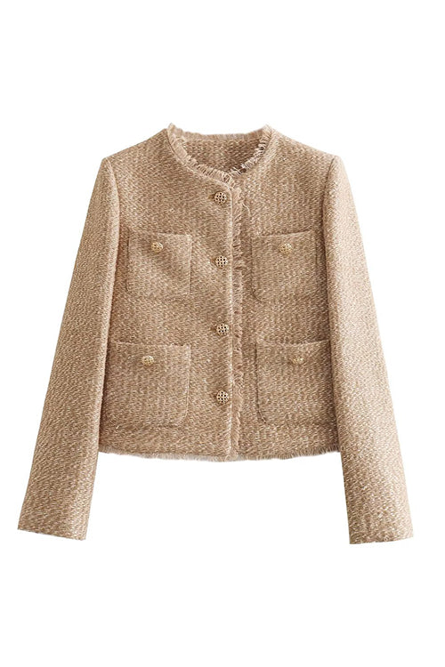 Dam Kort Tweedjacka Med Knapp Detaljer Bomull Polyester-5