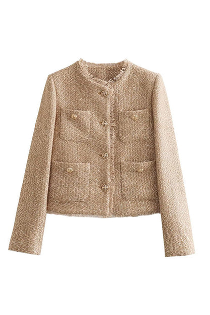 Dam Kort Tweedjacka Med Knapp Detaljer Bomull Polyester-5