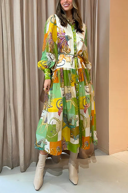 Damklänning med Ballonärmar och Grafiskt Mönster i Bomull och Polyester-5