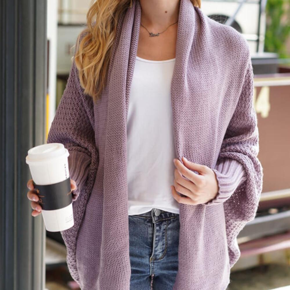 Kvinnor Lång Kofta Dolmanärmar Stickad Material-5