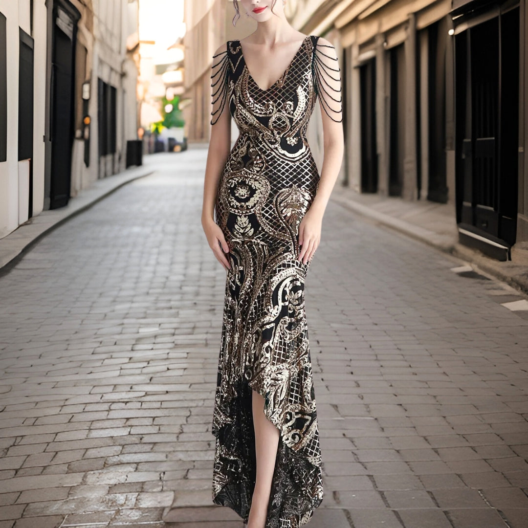 Dam Aftonklänning Lång Elegant Polyester Mönstrad-1