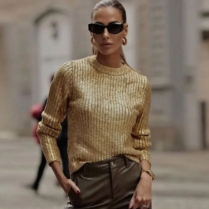 Dam Stickad Tröja Metallisk Textur 100% Akryl Tidlös Passform-3