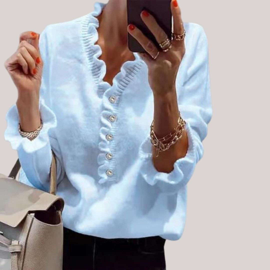 Dam Stickad Tröja med Ruffles Cirkulär Halsringning Mjuk Akryl-1