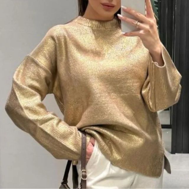 Dam Stickad Tröja Metallisk Textur 100% Akryl Tidlös Passform-5