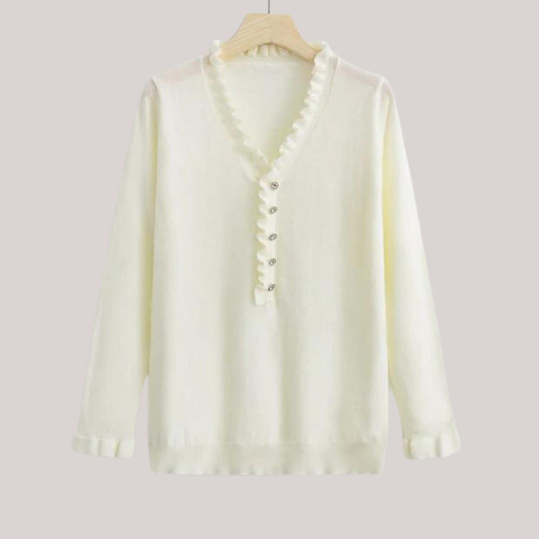 Dam Stickad Tröja med Ruffles Cirkulär Halsringning Mjuk Akryl-3