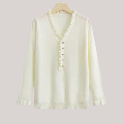 Dam Stickad Tröja med Ruffles Cirkulär Halsringning Mjuk Akryl-3