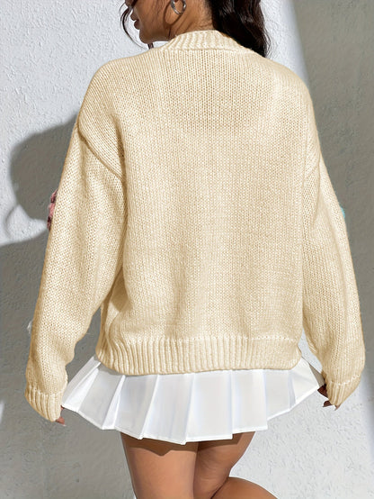 Kvinna Lång Kofta Blommönster Ullstickad 4