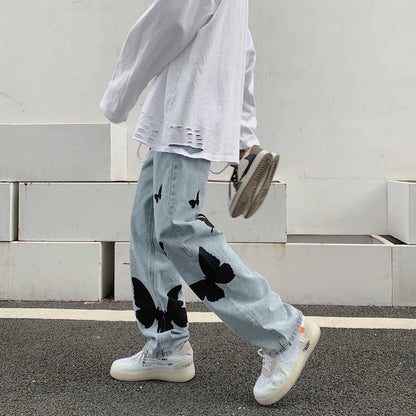 Kvinnor Baggy Jeans Fjärilstryck 100% Bomull-4