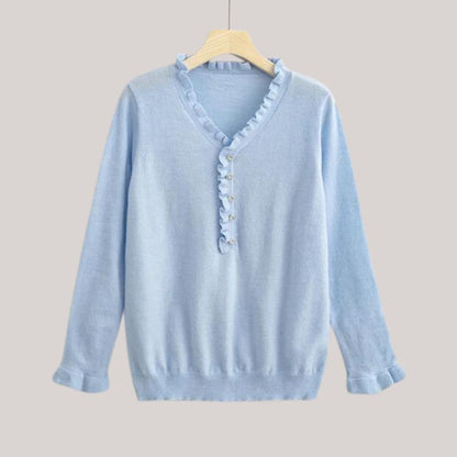 Dam Stickad Tröja med Ruffles Cirkulär Halsringning Mjuk Akryl-2